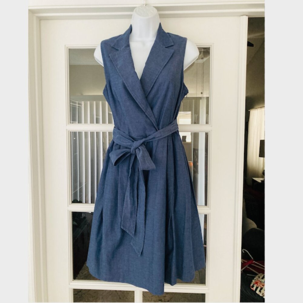 Anne Klein Denim Blue Color Sleeveless Collared Dress Fit n Flare 8